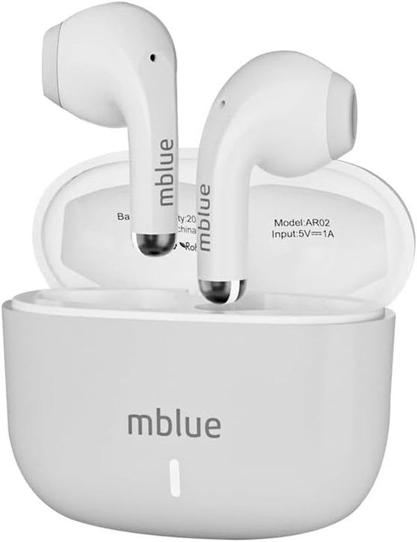 MBLUE AR02 Bluetooth Earbuds, 50H Playtime, ENC Noise Cancelling, 13Mm Bass Driver, Touch Control, Wireless Earphones for Sports, Workouts, Calls, Gaming (White)