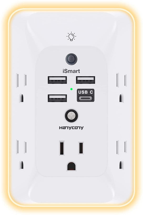 Outlet Extender with Night Light, HANYCONY Multi Plug Outlet, USB Wall Charger Surge Protector 4 USB Ports(1 USB C), Power Strip Electrical Outlet Splitter Expander for Home Office Dorm Room, ETL