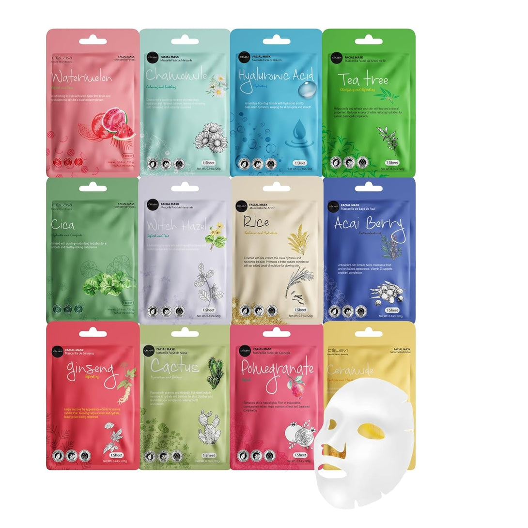 Celavi K-Beauty Skincare Essence Facial Face Mask Korea Skin Care Moisturizing C Set 24 Pack