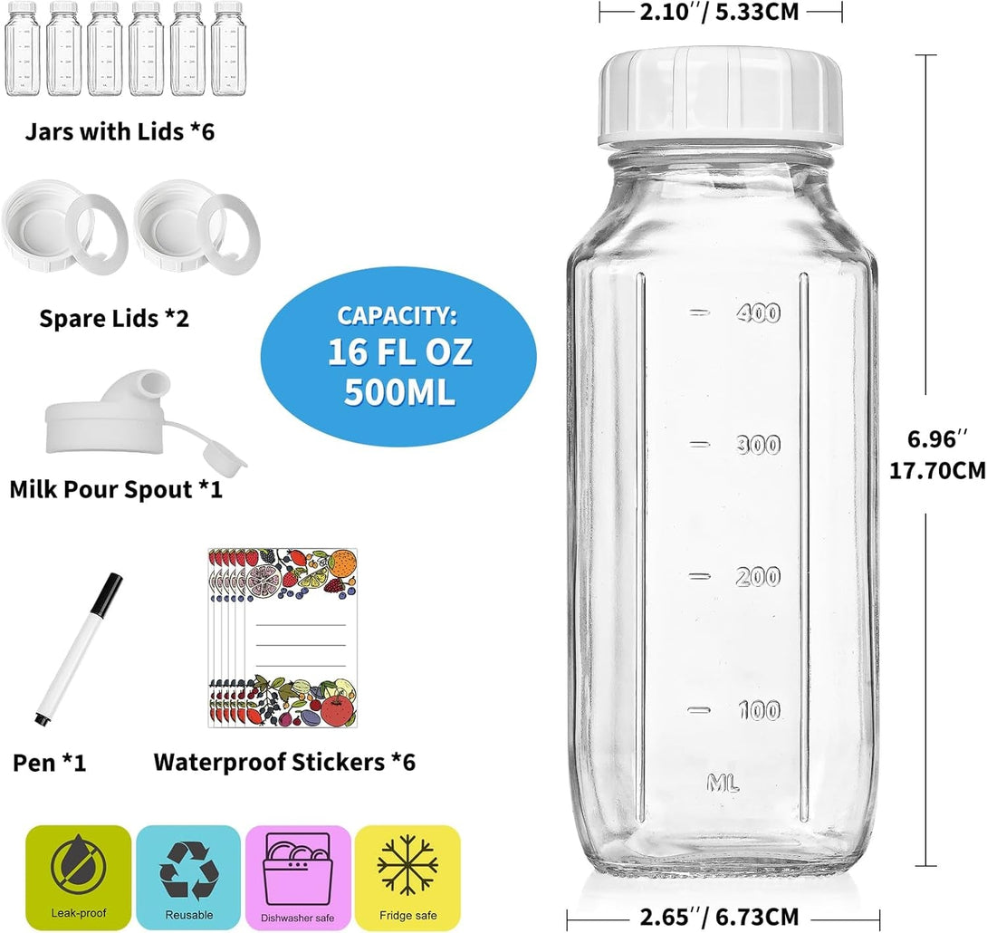 6 Pack 16 Oz Glass Juice Bottles W Pour Spout, 100% Airtight Heavy Duty SCREW Lid- Reusable Glass Milk Bottles W Capacity Mark, Square Drinking Jar Juice Container(Extra 2 Lid)