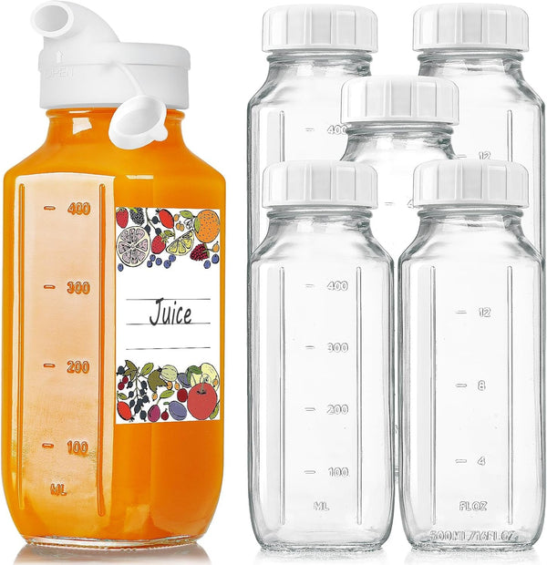 6 Pack 16 Oz Glass Juice Bottles W Pour Spout, 100% Airtight Heavy Duty SCREW Lid- Reusable Glass Milk Bottles W Capacity Mark, Square Drinking Jar Juice Container(Extra 2 Lid)