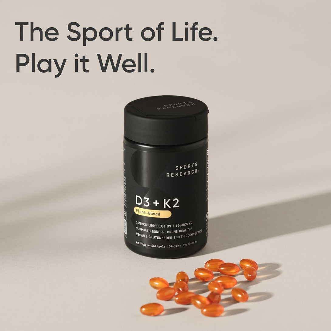 Sports Research® Vegan D3 5000Iu with Vitamin K2 100Mg - Formulated with Coconut MCT Oil - Vegan Certified, Soy & Gluten Free - 60 Softgels
