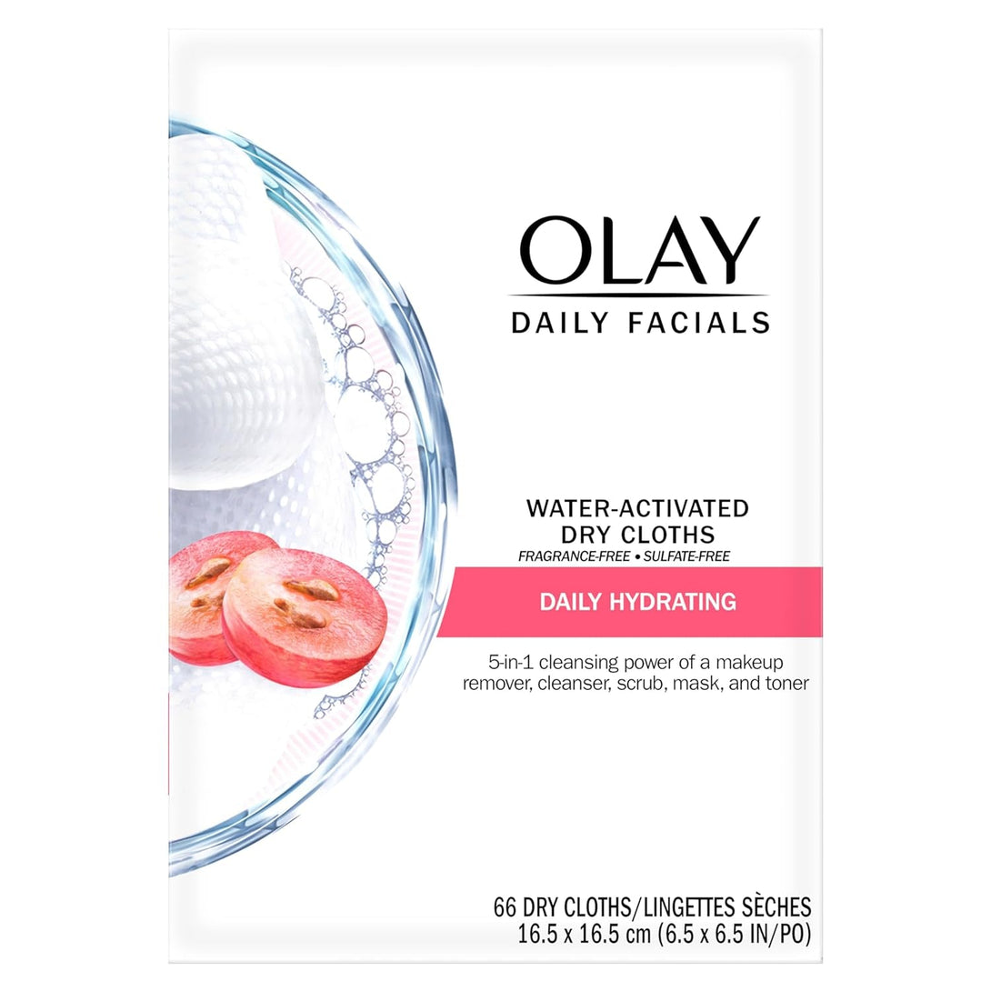Olay Daily Facials, Daily Clean Makeup Removing Facial Cleansing Wipes, 5-In-1 Water Activated Cloths, Exfoliates, Tones and Hydrates Skin, 66 Count