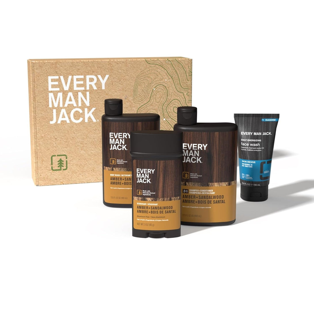 Every Man Jack Men’S Amber + Sandalwood Bath and Body Gift Set - Clean Ingredients & Sandalwood, Amber, and Vetiver Scent - round Out His Routine with Body Wash, 2-In-1 Shampoo, Deodorant & Face Wash