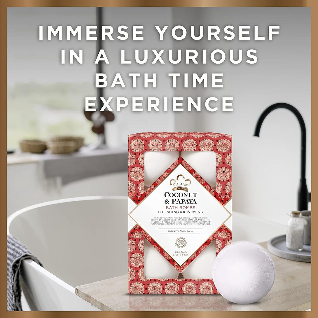 Nubian Heritage Bath Bombs Coconut and Papaya Renewing Bath and Body Products 1.6 Oz 6 Count