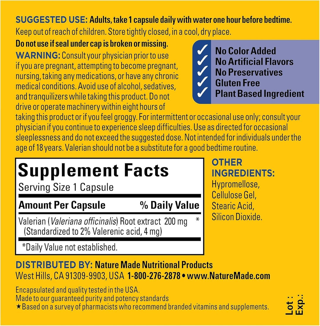 Nature Made Valerian Root for Sleep Support, Melatonin Free Sleep Aid for Adults, 30 Valerian Root Capsules, 30 Day Supply