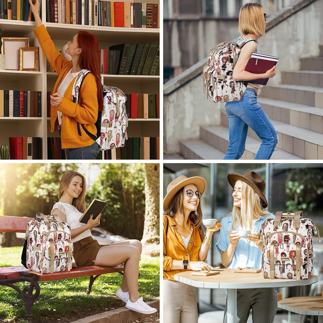 Laptop Backpack for Women,Teacher Doctor Nurse Work Purse Bag for 15.6 Inch Laptop, Wide Open Cute Cartoon Pattern Bookbag, Large Backpack for Women with USB Charging Port RFID anti Theft Pocket