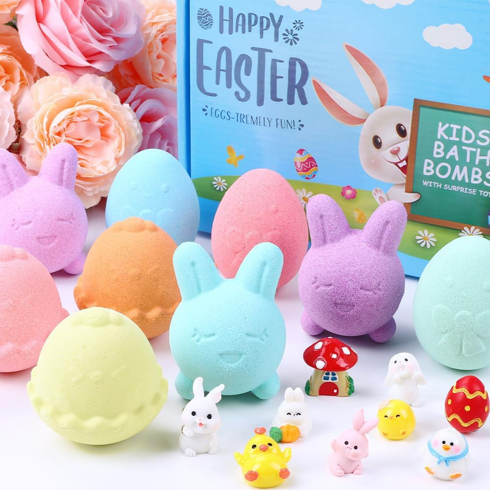 JOICEE 9 Pack Easter Bubble Bath Bombs for Kids with Easter Surprise Inside,Handmade Easter Egg Bunny Chick Organic Bath Fizz Balls for Kids Boys Girls Gift Easter Basket Stuffers
