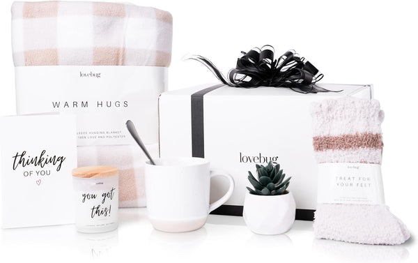 Lovebug Get Well Soon Gift Basket for Women – after Surgery Gifts, Feel Better Care Package with Blanket, Candle, Socks, Mug, Spoon, Succulent – Thinking of You