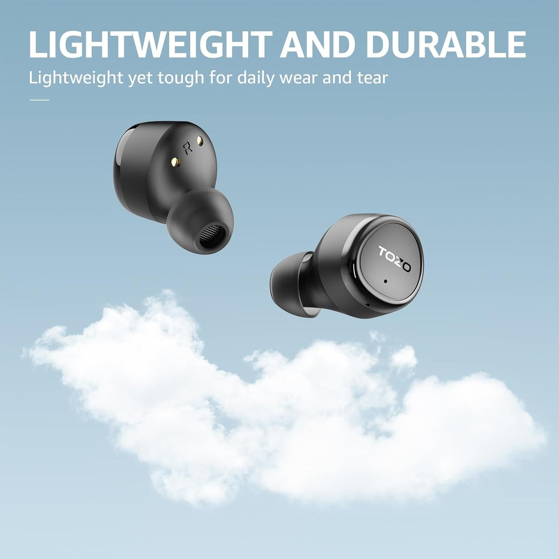 TOZO E1 Wireless Earbuds Build in Mic Clear Calls Ergonomic Light Weight Bluetooth 5.3 in Ear Headphones IPX6 Waterproof Premium Stereo Sound Ear Buds 30H Playtime with 32 Eqs via APP, Black