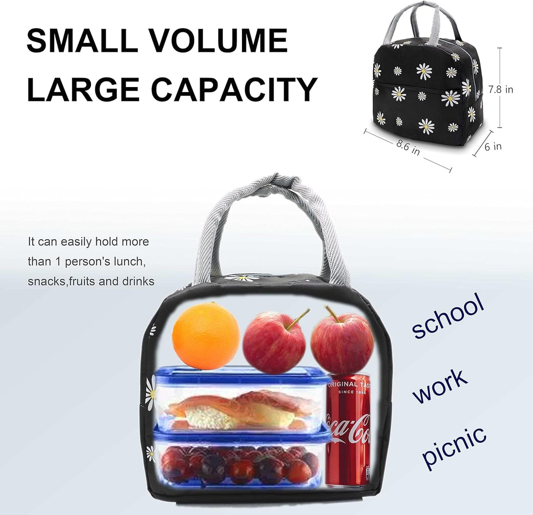 Sonuimy Insulated Lunch Bag Women, Reusable Cute Tote Lunch Box for Adult & Men, Leakproof Cooler Lunch Bags for Work Office Travel Picnic (Black with White Daisy)