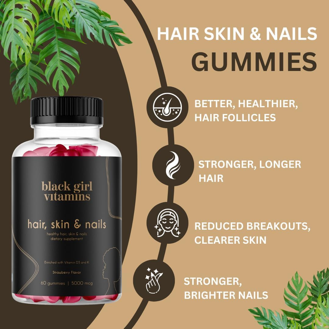 Black Girl Vitamins - Hair, Skin, and Nails Gummies with Biotin (6000 Mcg), Zinc, Gelatin Free, Vitamin A, and Vitamin E - Gluten-Free. Made in the USA (Strawberry, 60 Count) 30 Day Supply