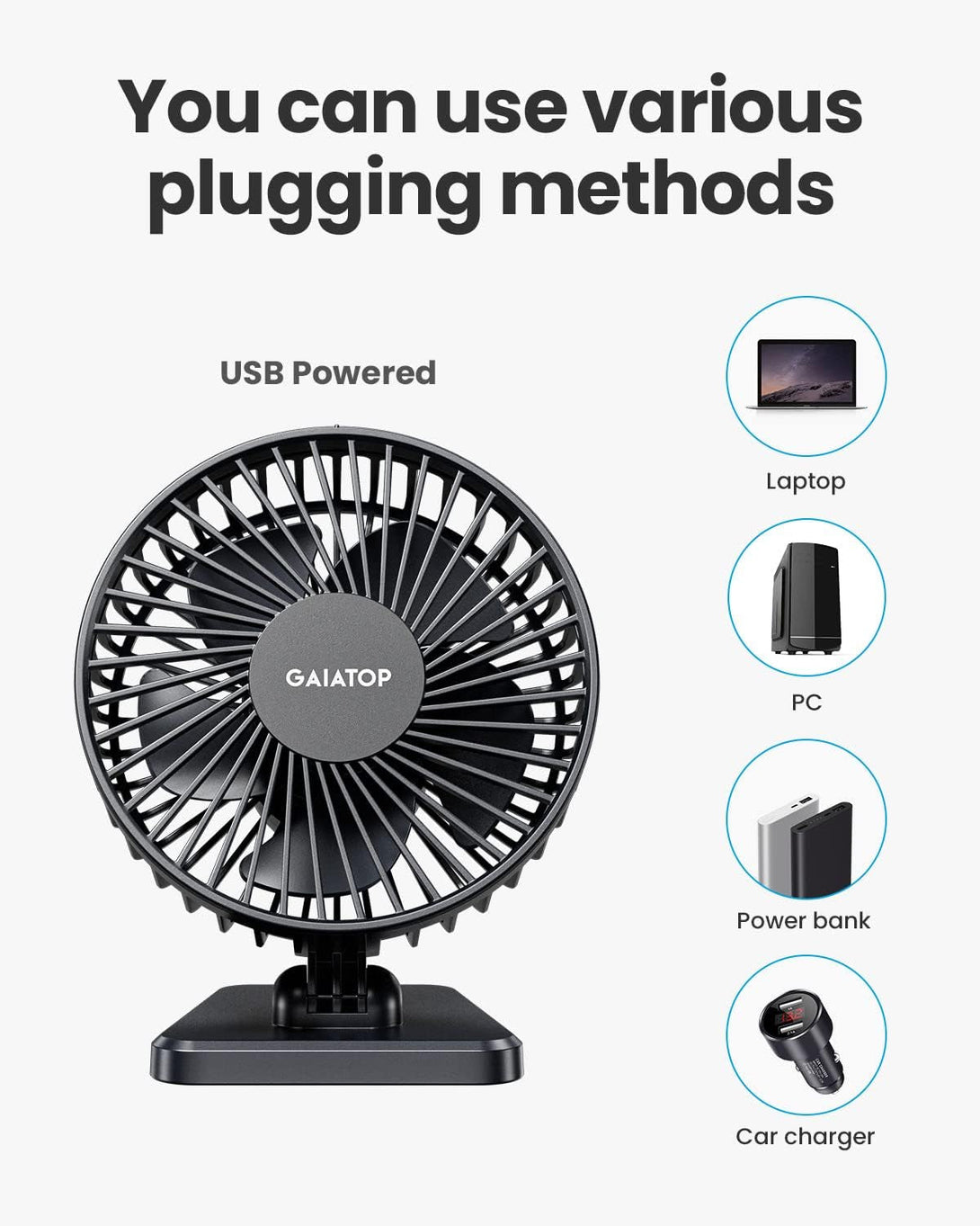 Gaiatop USB Desk Fan, Small but Powerful, Personal Portable Quiet 3 Speeds, Adjustable Mini Table Desktop Fan for Cooling Home Office Car Summer Travel Gifts Black