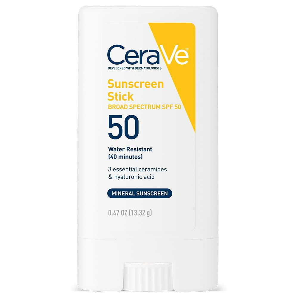 Cerave Mineral Sunscreen Stick SPF 50, Broad Spectrum SPF + Hyaluronic Acid + Ceramides, Titanium Dioxide & Zinc Oxide, 100% Mineral Face Sunscreen Stick, Fragrance Free & Oil Free
