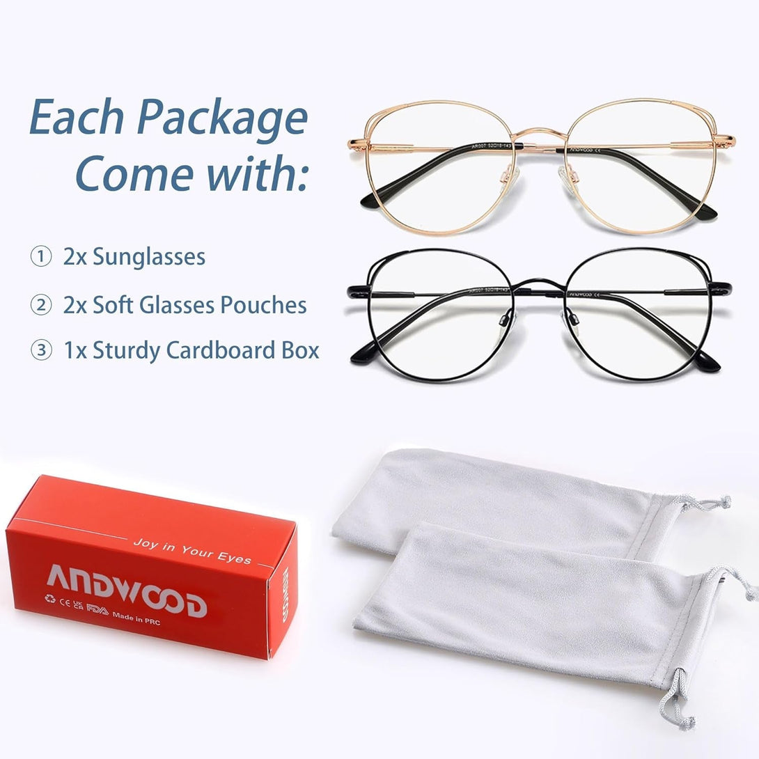ANDWOOD Blue Light Blocking Glasses Women Cat Eye Computer Eyeglasses Metal Frame Hipster 2 Pack