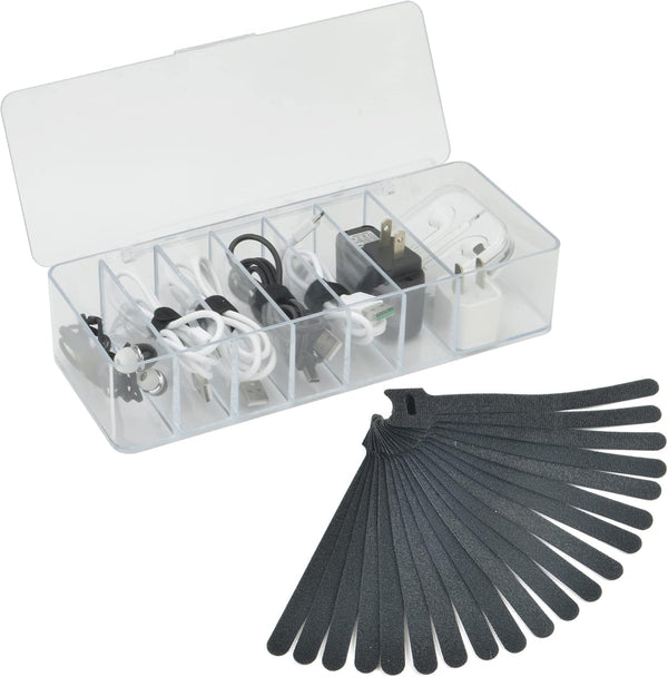 Electronics Organizer 7 Sections Clear Acrylic Cable Storage Bin Box Cord Holder with 20 PCS Reusable Fastening Fabric Cable Ties Straps Cord Wraps (7 Sections/With Cover)
