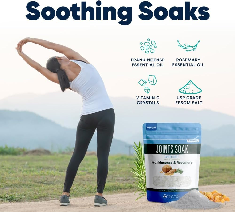 Joints Soak Bath Salt 32 Ounces Epsom Salt with Natural Rosemary, Frankincense and Peppermint Essential Oils plus Vitamin C in BPA Free Pouch with Easy Press-Lock Seal