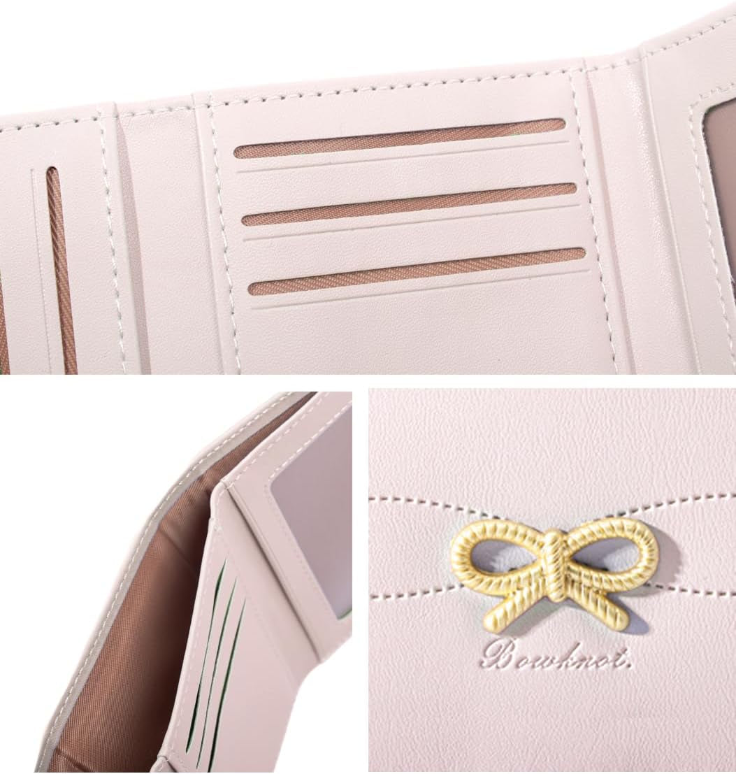Cute Wallet Coquette Bow Small Wallet Tri-Folded Aesthetic Bifold RFID Blocking Card Holder Leather Mini Short Coin Purse with ID Window for Women Girls Ladies -Pink