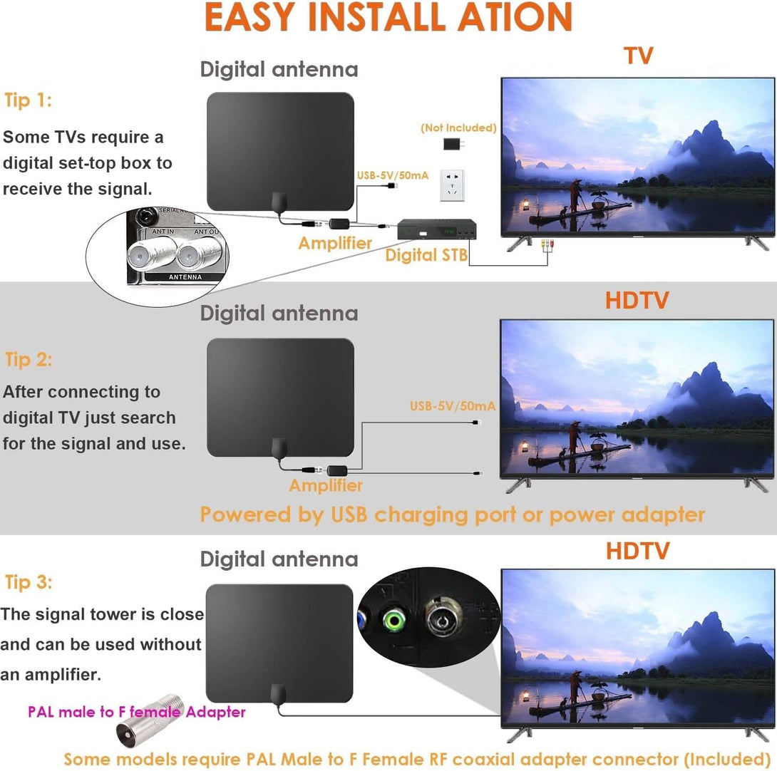 4K Amplified HD Digital TV Antenna Long 1000 Miles Range Smart TV Indoor Support 4K 1080P Fire TV Stick and All Older Tvs Indoor 360° Signal Reception Switch Signal Booster with HDTV Coax Cable 16.5Ft