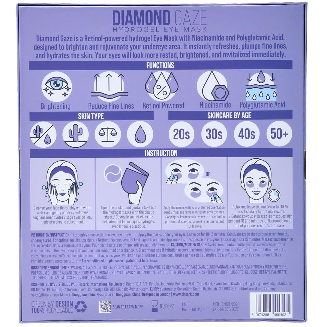 DIAMOND GAZE under Eye Patches 28 Pairs, Rejuvenate Eye Area, Soothing Hydrate Brighten Skin, Plumps Fine Lines, Hydrogel Eye Mask with Retinol, Niacinamide and Polyglutamic Acid, Eye Gel Pads