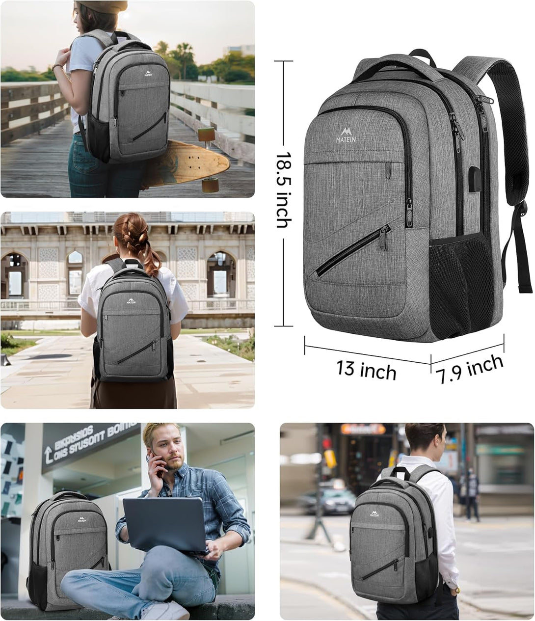 MATEIN Travel Laptop Backpack, 17 Inch Business Flight Approved Carry on Backpack, TSA Large Computer Bag for Men Women with USB Port and Trolley Sleeve, College School Tactical Book Bag, Grey