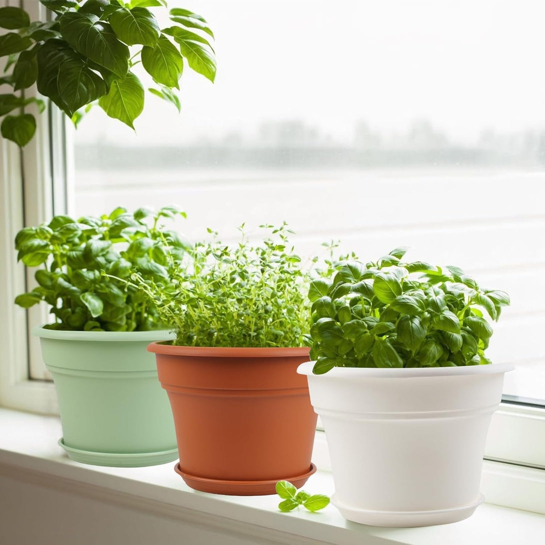 10 Inch Plastic-Flower-Pot-For-Indoor-Plants, 4 Pack Large Outdoor Planter Pot with Drainage Holes & Saucers, Resin Decorative Garden Pots Planters