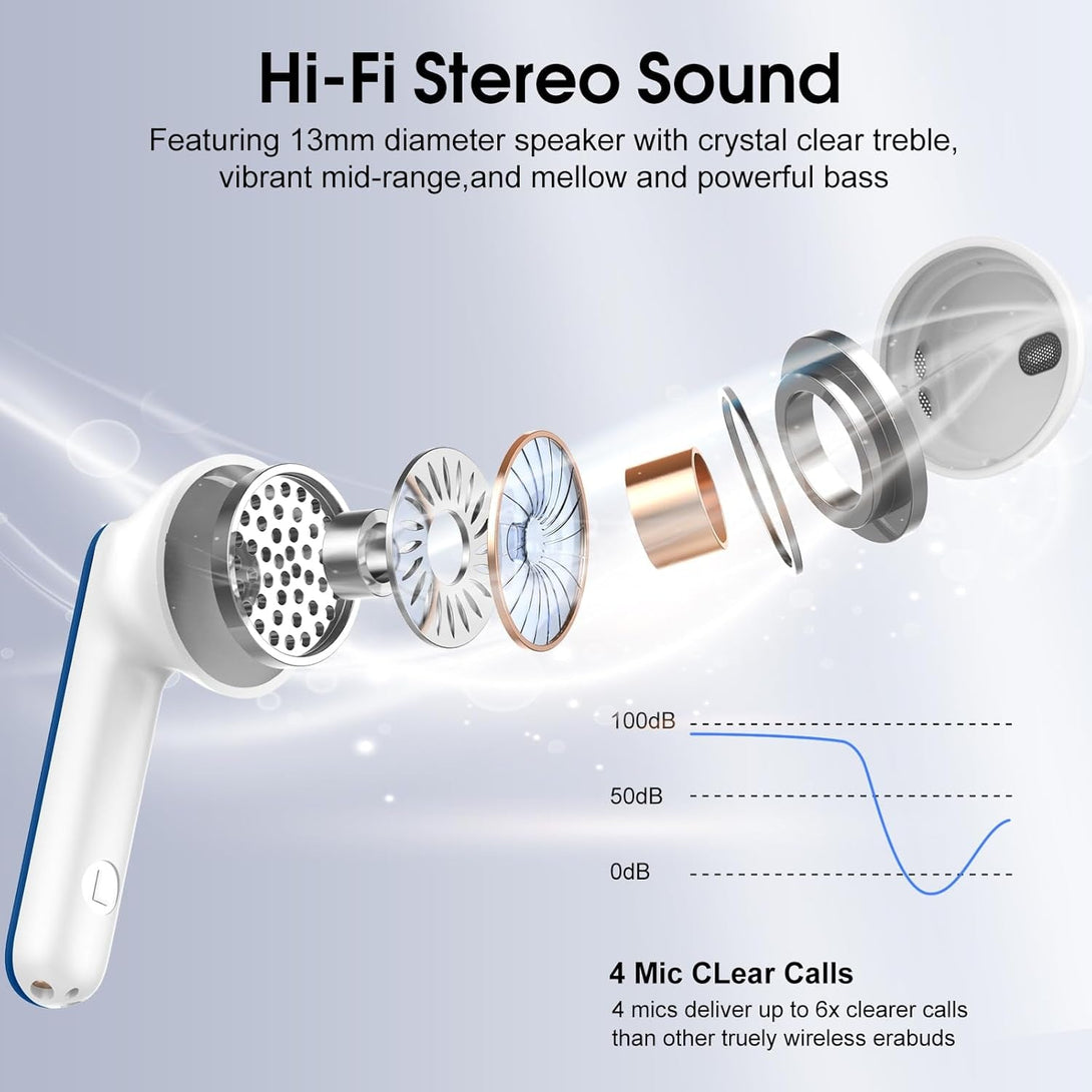 Wireless Earbuds, 2025 Bluetooth 5.4 Headphones in Ear Buds 3D Bass Stereo, 40H Ultralight Bluetooth Earbuds with 4 ENC Noise Cancelling Mic, USB-C, IP7 Waterproof Earphones for Android Ios Pad, Blue