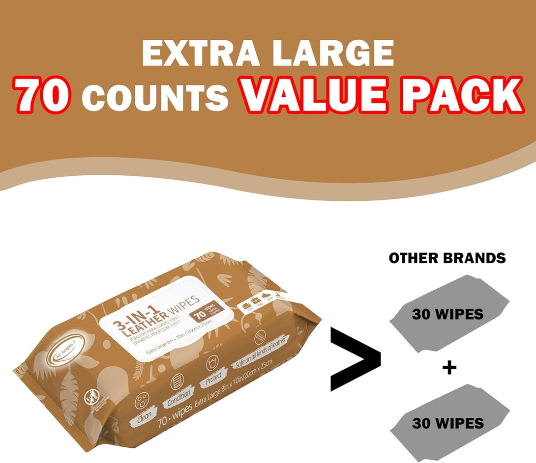 Air Jungles 3In1 Leather Cleaner Wipes 70 Count, Extra Large 8" X 10" Size, Clean Condition Protect Wipes for Vinyl and Leather Apparel Furniture Auto Car Interior Shoes Boots Bags