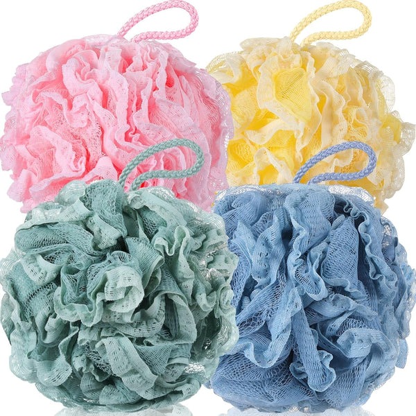 Sunnyray 4 Pack Loofah Bath Sponge Lace Mesh Set Large 60G Shower Poufs Body Scrubber Bath Loofah Ball Body Wash Sponge Exfoliating Scrubber Luffa Puff for Women Men Cleanse Skin Accessories