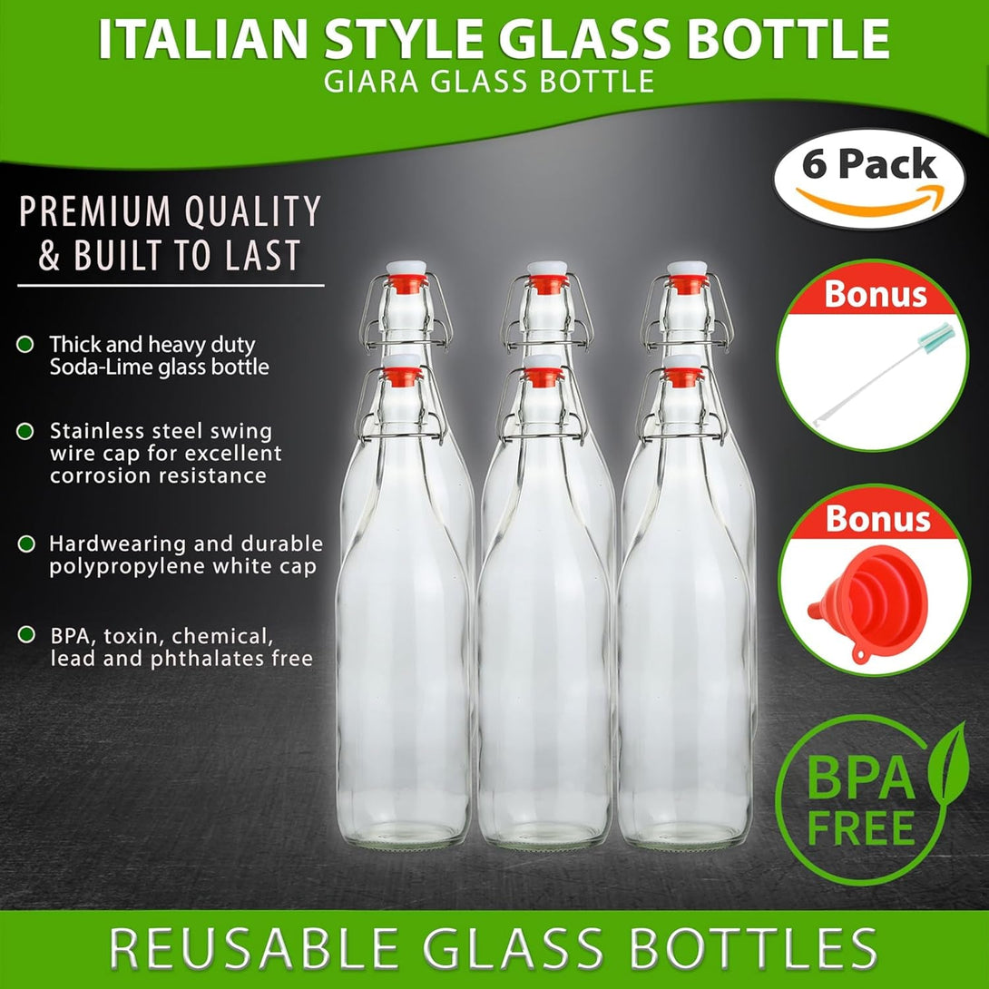 Flip Top Glass Bottle [1 Liter / 33 Fl. Oz.] [Pack of 6] – Swing Brewing with Stopper for Beverages, Oil, Vinegar, Kombucha, Beer, Water, Soda, Kefir Airtight Lid & Leak Proof Cap Clear