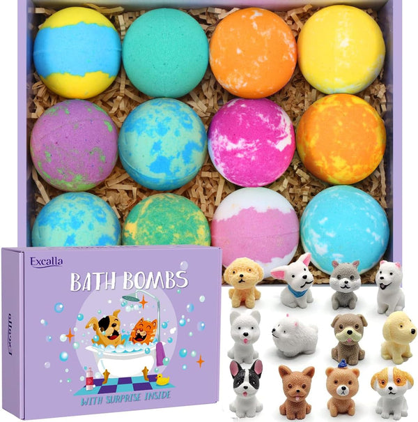 Bath Bombs for Kids with Surprise Toys inside for Girls Boys - 12 Pcs Bubble Bath Fizz Balls Gift Set with Puppy Toy, Gentle and Kids Safe for Easter Eggs Stuffers