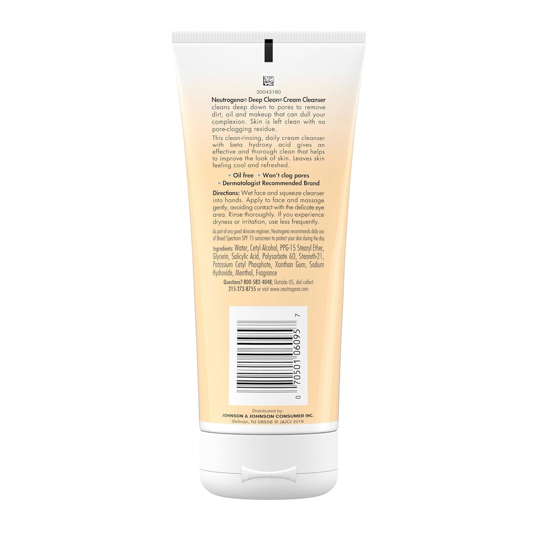 Neutrogena Deep Clean Daily Facial Cream Cleanser with Beta Hydroxy Acid to Remove Dirt, Oil & Makeup, Alcohol-Free, Oil-Free & Non-Comedogenic, 7 Fl. Oz