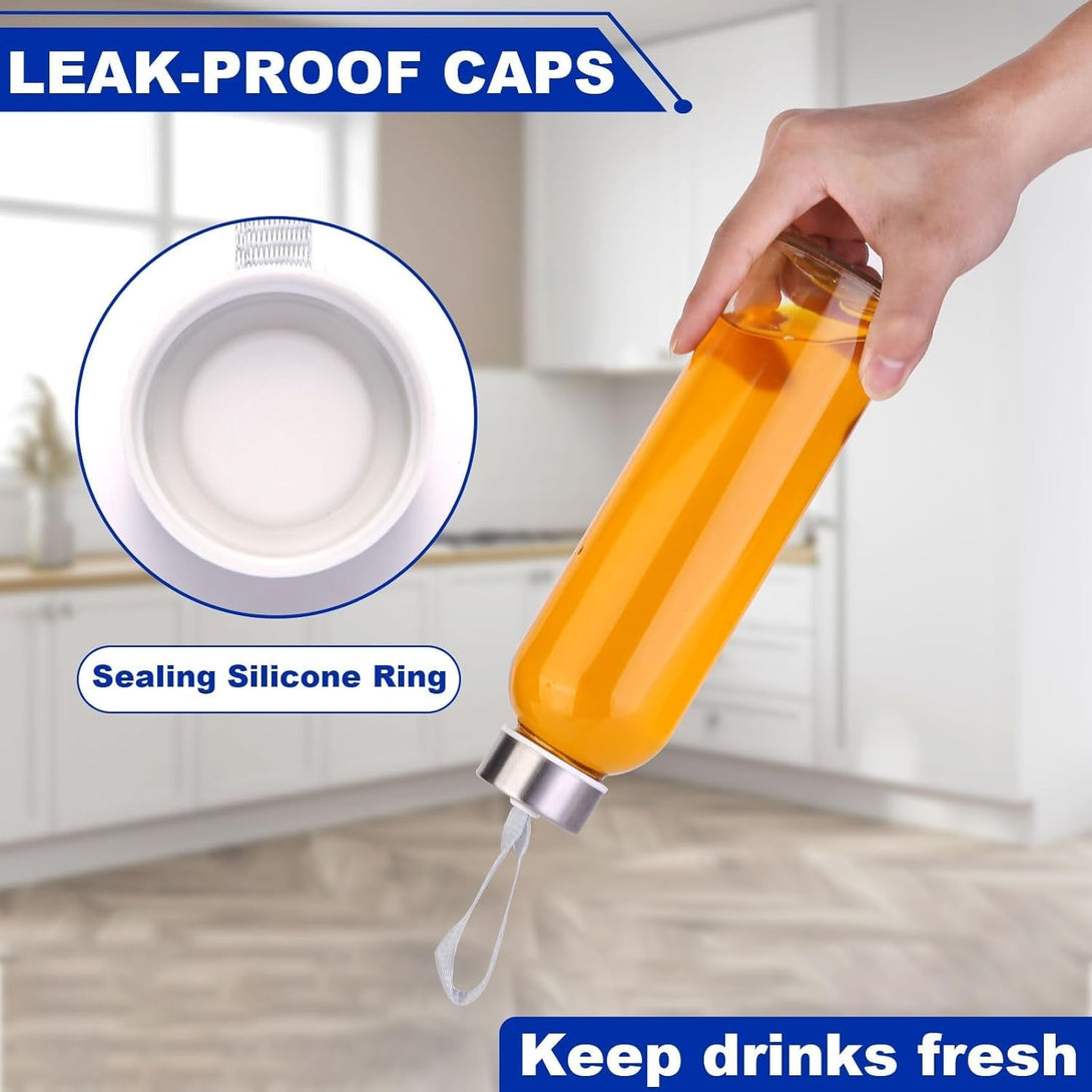3 Packs Glass Water Bottles with Lid Clear Juice Bottles Reusable Bottle with Stainless Steel Cap Glass Cups Liquid Storage Containers for Juicing Beverage Refrigerator Travel-18Oz