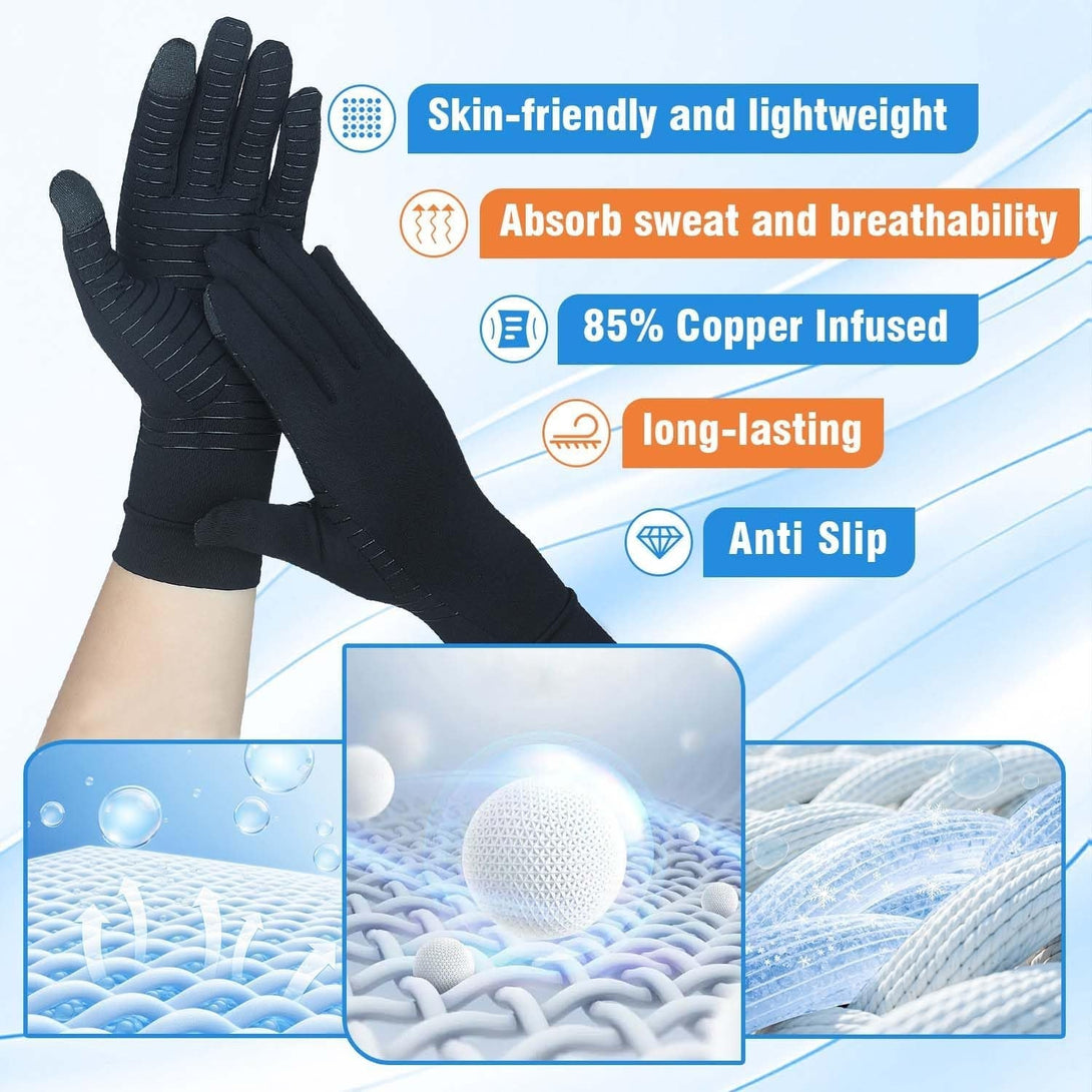 2 Pairs Full Finger Copper Arthritis Gloves with Touchscreen Tip, Compression Gloves for Women Men, Relief for Rheumatoid, Osteoarthritis, Carpal Tunnel, Hand Pain, Tendonitis, Computer Typing (L)