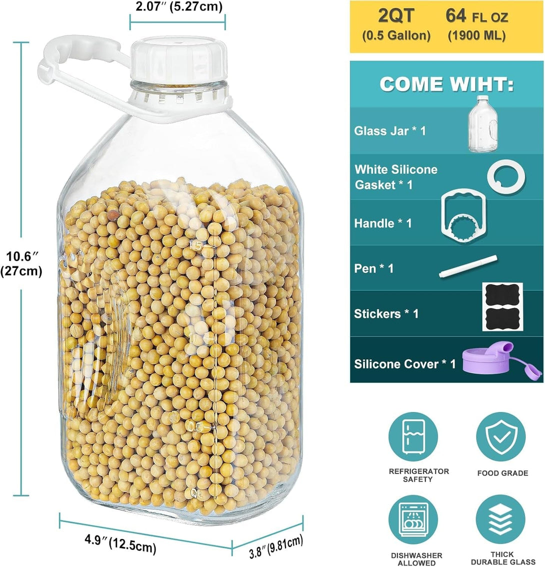 64 Oz Heavy Duty Glass Milk Bottle with Reusable Airtight Strong SCREW LID - 1/2 Gallon Water Bottles with Scale Lines - 2 Qt Glass Milk Jug Pitcher - Extra Gaskets & Handle!