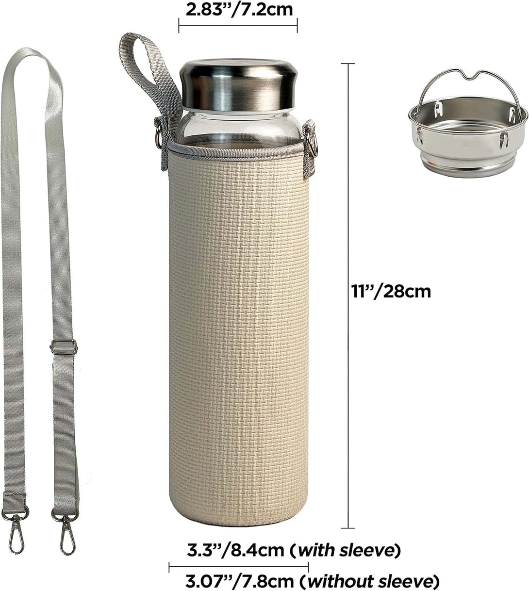 32 Oz Glass Water Bottles with Stainless Steel Lid and Sleeve - Borosilicate Glass Sports Water Bottle with Strap for Drinking