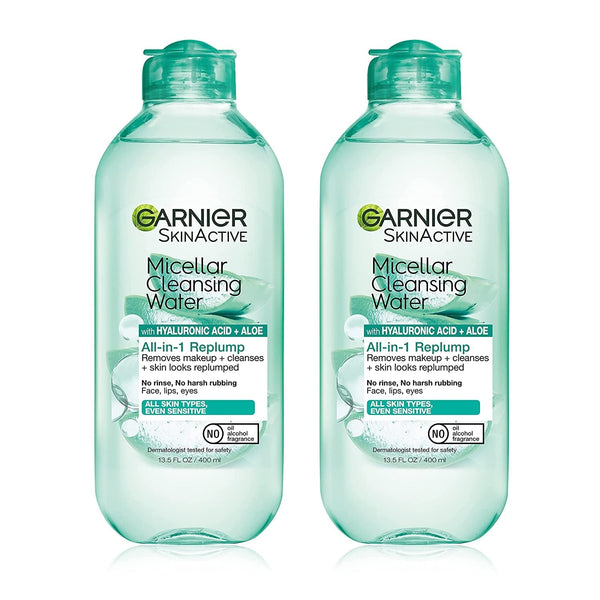 Garnier Micellar Water with Hyaluronic Acid, Facial Cleanser & Makeup Remover, Hydrating and Plumping, for All Skin Types, Vegan, Cruelty Free, 13.5 Fl Oz (400Ml), 2 Count