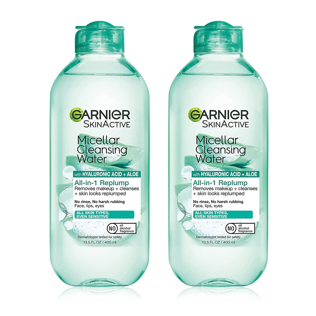Garnier Micellar Water with Hyaluronic Acid, Facial Cleanser & Makeup Remover, Hydrating and Plumping, for All Skin Types, Vegan, Cruelty Free, 13.5 Fl Oz (400Ml), 2 Count