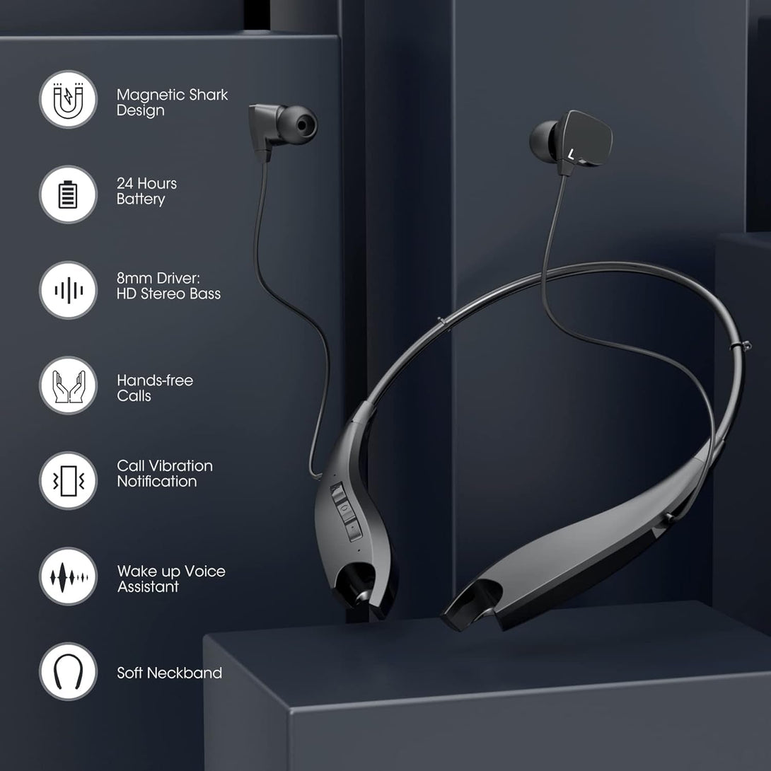 Neckband Bluetooth Headphones, around the Neck Headphones 24H+ Playtime, Bluetooth Headsets with Call Vibration, Shark Jaw Design Wireless Earbuds+Noise Isolation/Built-In Mic/Ipx7 Waterproof