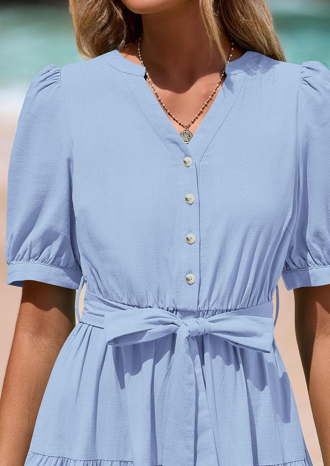PRETTYGARDEN Women'S Midi Dress 2025 Summer Casual Short Sleeve V Neck Buttons Belted Ruffle a Line Flowy Dress with Pockets