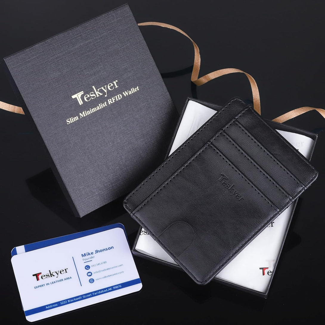 Teskyer Slim Wallet for Men, Minimalist Front Pocket RFID Blocking Leather Wallet Credit Card Holder for Men & Women