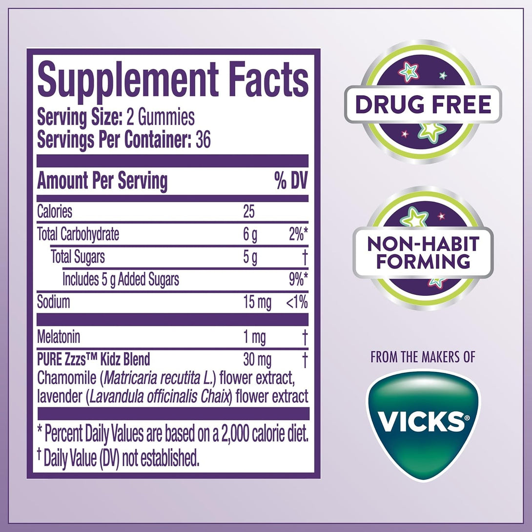PURE Zzzs Kidz, Kids Melatonin Gummy, Sleep Aid, Low Amount of Melatonin for Kids, with Chamomile and Lavender, Melatonin 1 Mg, Melatonin Gummies Kids, Berry Flavored, 72 Sleep Gummies