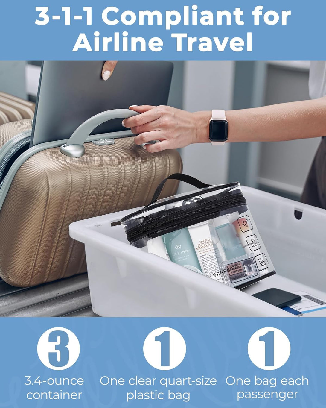 BAGSMART TSA Approved Toiletry Bag, 3 Pack Clear Makeup Cosmetic Bag Organizer, Quart Size Travel Bag for Toiletries, Carry-On Travel Accessories Essentials, Pink-3Pcs