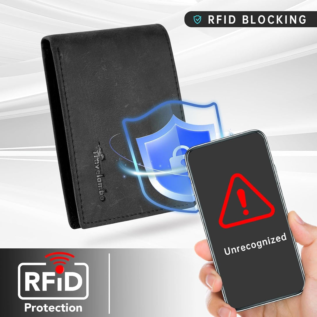 Real Leather Mens Bifold Wallet RFID Blocking Slim Minimalist Front Pocket - Thin & Stylish with ID Window in Gift Box (Crazy Horse, Black)
