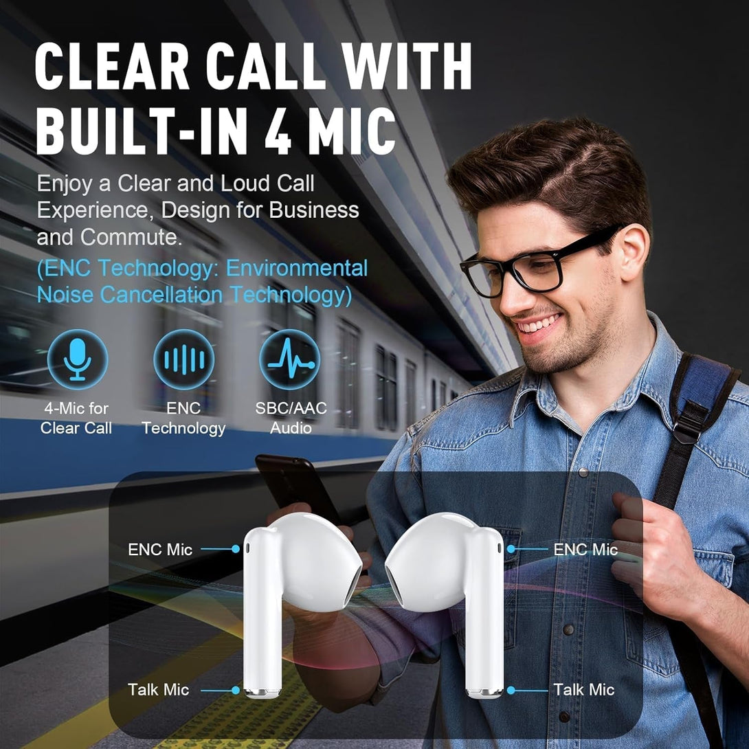 Wireless Earbuds Bluetooth 5.4 Headphones Bass Stereo Wireless Earphones with 4 ENC Noise Cancelling Mic Hifi Stereo IPX8 Waterproof 48H Playtime In-Ear Bluetooth Ear Buds for Iphone/Ios/Android Phone