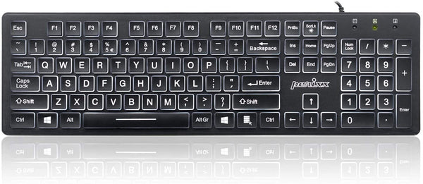 Perixx PERIBOARD-317 Wired Backlit USB Keyboard, Big Print Letter with White Illuminated LED, US English Layout,Black