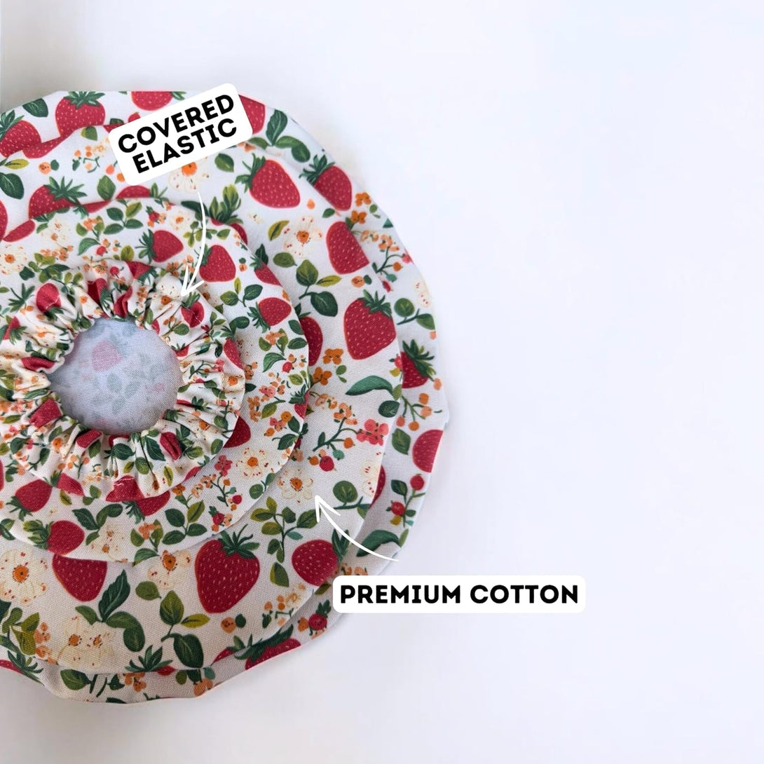 (4-Pack) Sourdough Reuseable Jar & Bowl Covers | Cute Baking Gift | 100% Cotton | Washable | Bread Proofing | Kitchen Food Storage Gifting | Starter Cover Lid Kit (Strawberry)