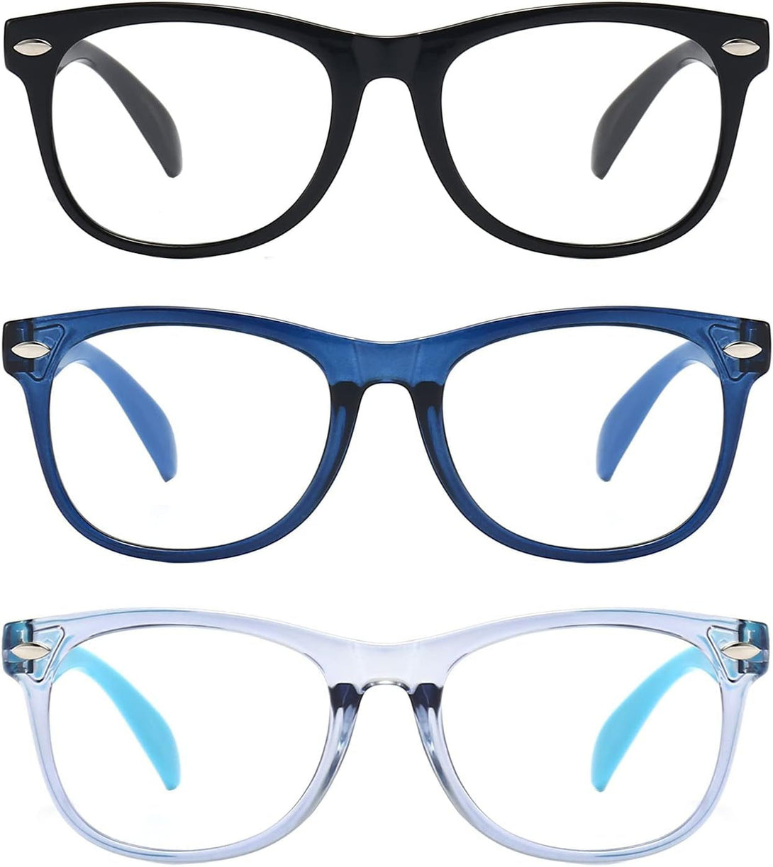 3 Pack Kids Blue Light Blocking Glasses for Girls and Boys Computer Blue Light Blocking Glasses for Age 3-9 (Black + Dark Blue + Light Blue)