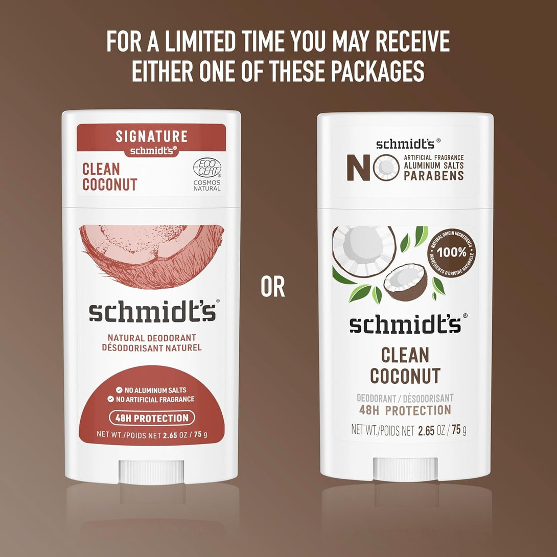 Schmidt'S Aluminum-Free Vegan Deodorant Clean Coconut for Women and Men, with 24 Hour Odor Protection, Natural Ingredients, Cruelty-Free, 2.65 Oz