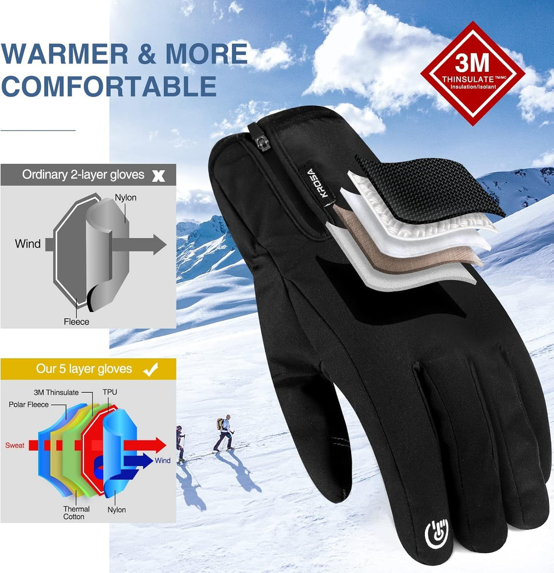 -10℉ Winter Gloves Men Women & Kids, 5-Layer Waterproof Gloves for Cold Weather, Snow Ski Gloves with 10 Touchscreen Fingers